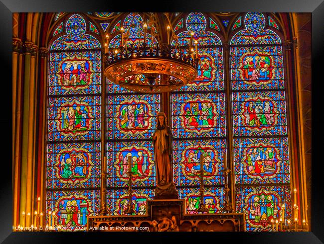 Mary Statue Candles Stained Glass Notre Dame Cathedral Paris Fra Framed Print by William Perry