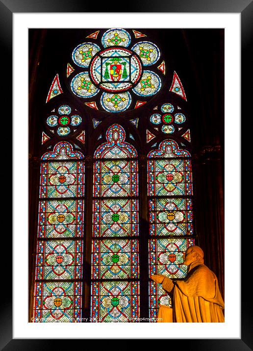 Priest Statue Stained Glass Notre Dame Cathedral Paris France Framed Mounted Print by William Perry
