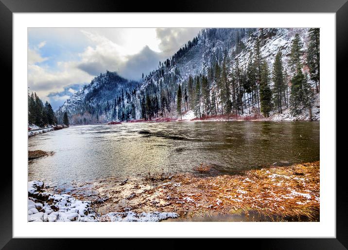 Winter Leaves Snow Ice  Mountains Wenatchee River Valley Near St Framed Mounted Print by William Perry