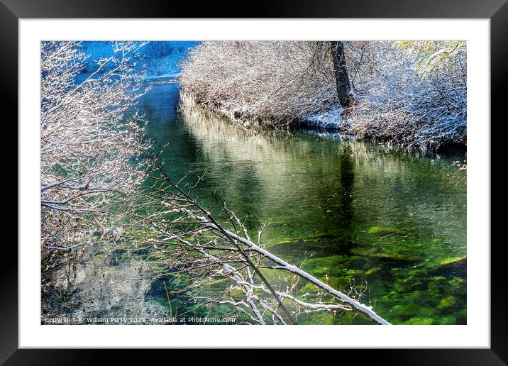 Winter Leaves Snow Ice  Wenatchee River Washington Framed Mounted Print by William Perry