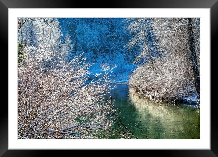 Winter Leaves Snow Ice  Wenatchee River Leavenworth Washinton Framed Mounted Print by William Perry