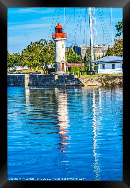 Red White Lighthouse Reflection Entrance Harbor Honfluer France Framed Print by William Perry