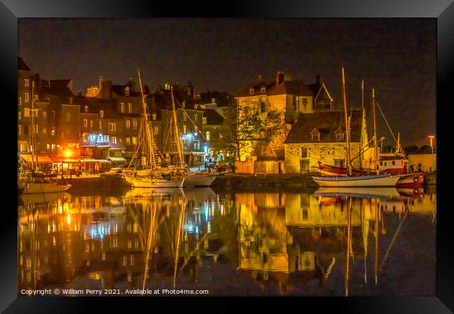 Night Sailboats Waterfront Reflection Inner Harbor Honfluer Fran Framed Print by William Perry