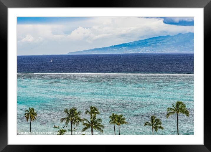Colorful Sailboat Outer Reef Blue Water Tahiti Island From Moore Framed Mounted Print by William Perry