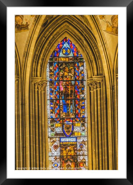 Colorful Stained Glass Cathedral Church Bayeux Normandy France Framed Mounted Print by William Perry