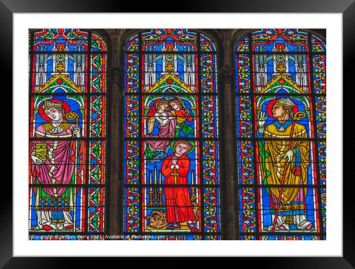 Colorful Bishops Angels Stained Glass Cathedral Church Bayeux No Framed Mounted Print by William Perry