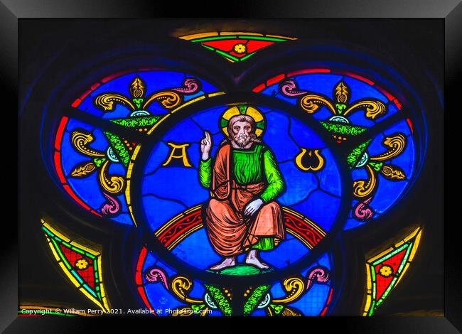 Colorful Jesus Christ Stained Glass Cathedral Church Bayeux Norm Framed Print by William Perry