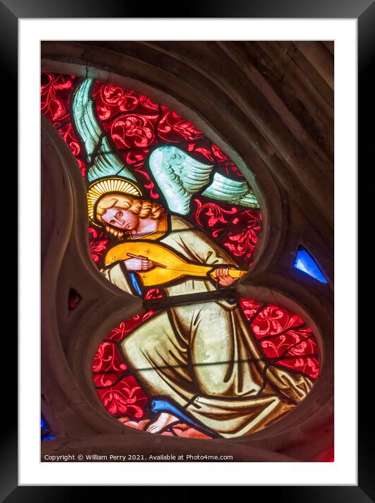 Colorful Angel Lute Stained Glass Cathedral Church Bayeux Norman Framed Mounted Print by William Perry