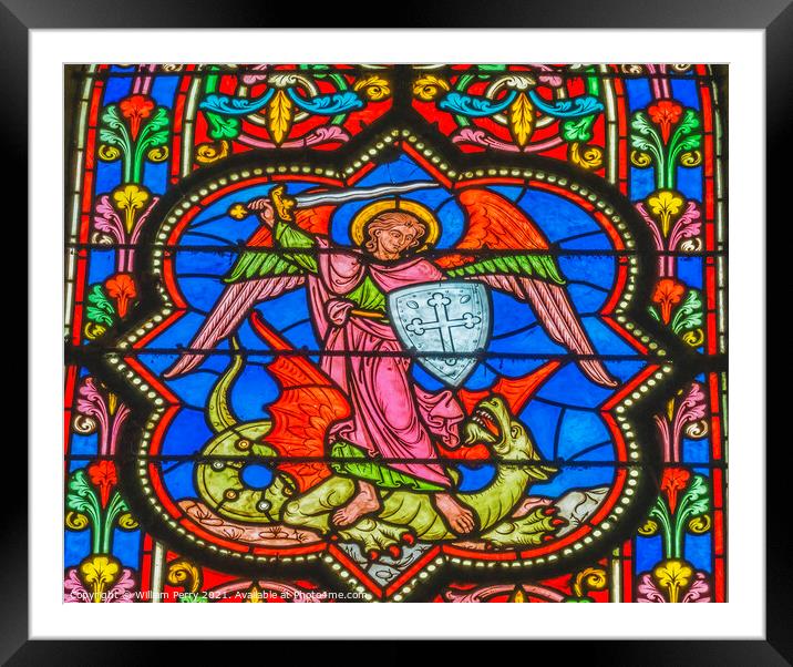 Colorful Archangel Michael Dragon Stained Glass Cathedral Bayeux Framed Mounted Print by William Perry
