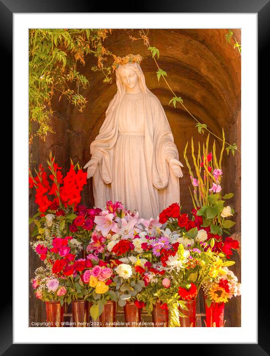 Virgin Mary Statue Flowers Garden Mission San Buenaventura Ventu Framed Mounted Print by William Perry