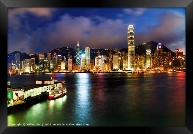 Hong Kong Harbor at Night from Kowloon Ferry Framed Print by William Perry