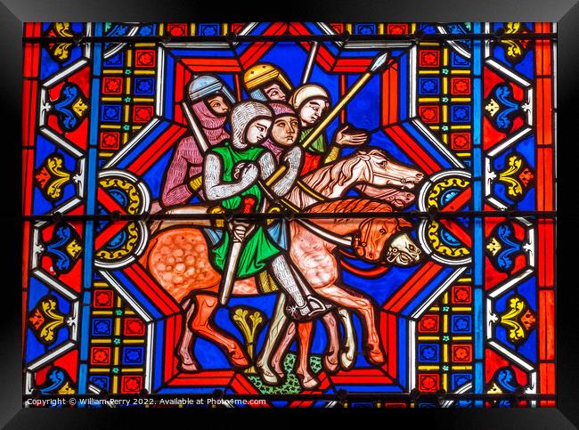 Colorful Knights Horses Stained Glass Cathedral Bayeux Normandy  Framed Print by William Perry