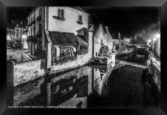 Black White Mill Aure River Night Bayeux Center Normandy France Framed Print by William Perry