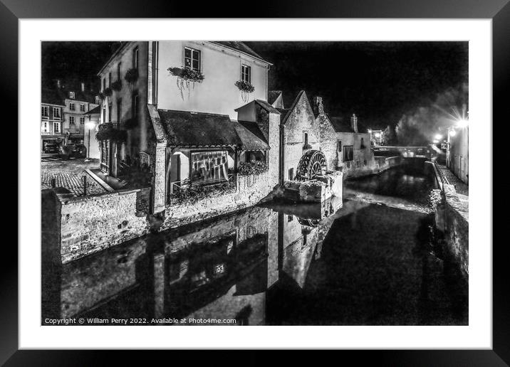 Black White Mill Aure River Night Bayeux Center Normandy France Framed Mounted Print by William Perry