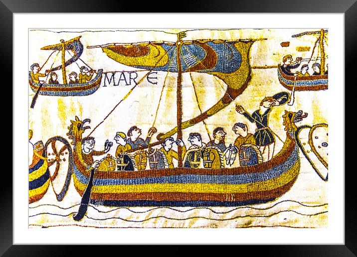Norman Invastion Ship Bayeux Tapestry Bayeux Normandy France Framed Mounted Print by William Perry