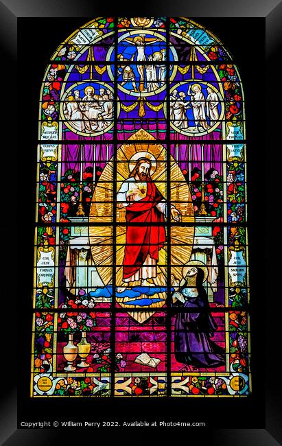 Jesus Stained Glass Church St Marie Eglise Normandy France Framed Print by William Perry