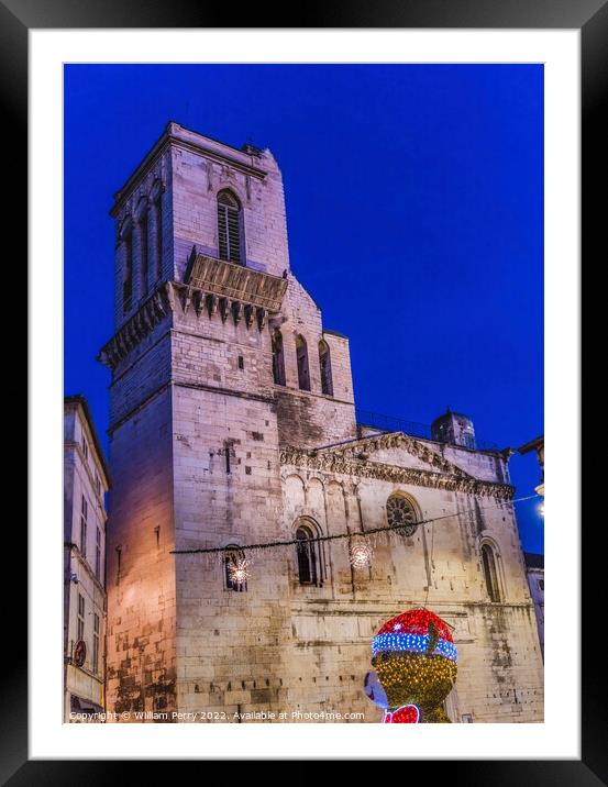 Night Cathedral Church Christmas Decoration Nimes Gard France Framed Mounted Print by William Perry
