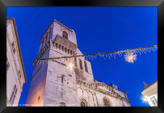 Night Cathedral Church Christmas Decorations Nimes Gard France Framed Print by William Perry