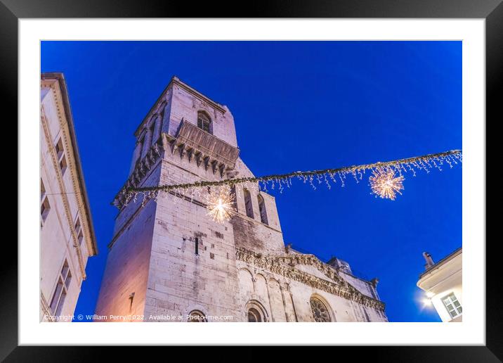 Night Cathedral Church Christmas Decorations Nimes Gard France Framed Mounted Print by William Perry