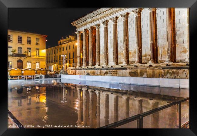 Ice Skating Rink Maison Caree Roman Temple Night Nimes France Framed Print by William Perry