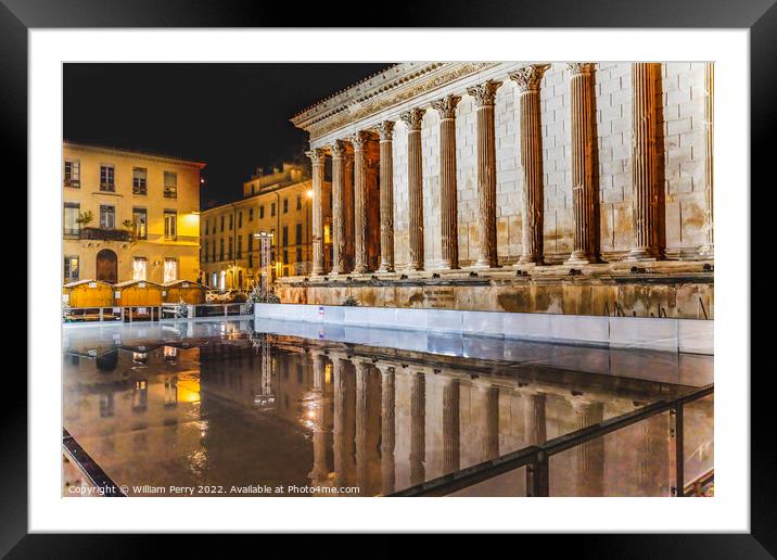 Ice Skating Rink Maison Caree Roman Temple Night Nimes France Framed Mounted Print by William Perry