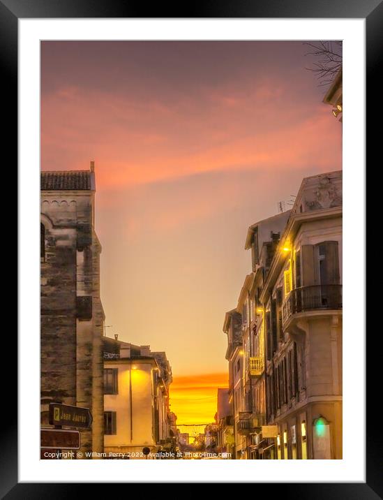 Sunset Apartments Balconies Narrow Street Nimes France Framed Mounted Print by William Perry