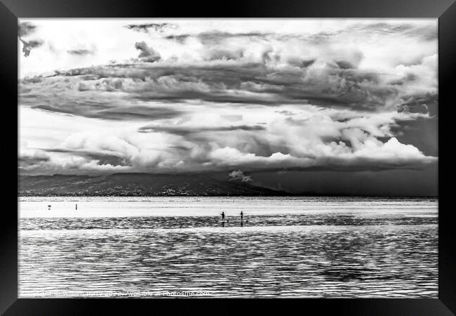 Black White Canoes Tahiti Island Rain Storm Cloudscape Water Moo Framed Print by William Perry