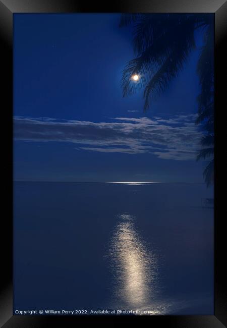 Moon Night Reflection Blue Water Moorea Tahiti Framed Print by William Perry