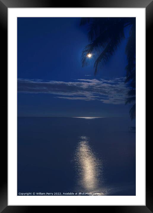 Moon Night Reflection Blue Water Moorea Tahiti Framed Mounted Print by William Perry