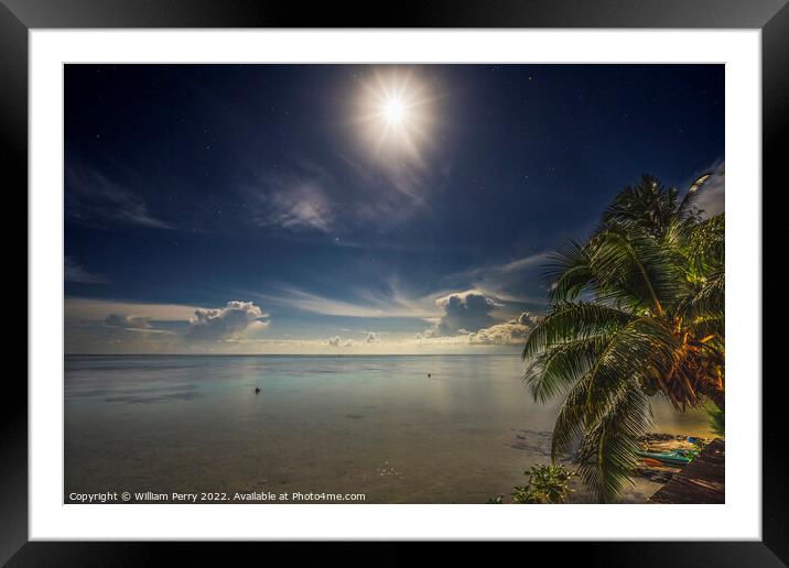 Moon Stars Clouds Night Blue Water Moorea Tahiti Framed Mounted Print by William Perry