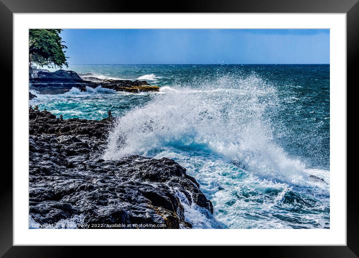 Colorful Arahoho Blowhole Black Lava Blue Water Tahiti Framed Mounted Print by William Perry