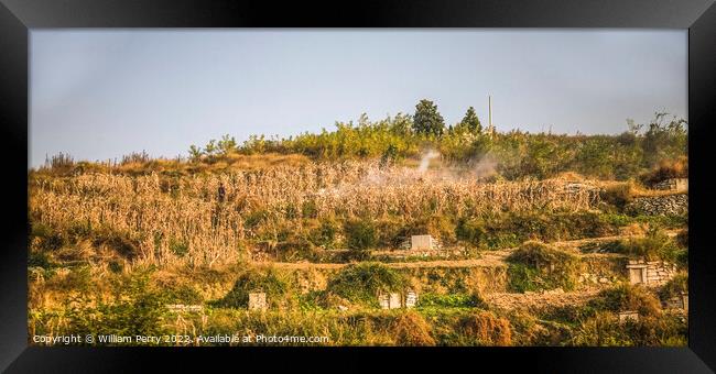 Burning Fields with Graves Guizhou China Framed Print by William Perry