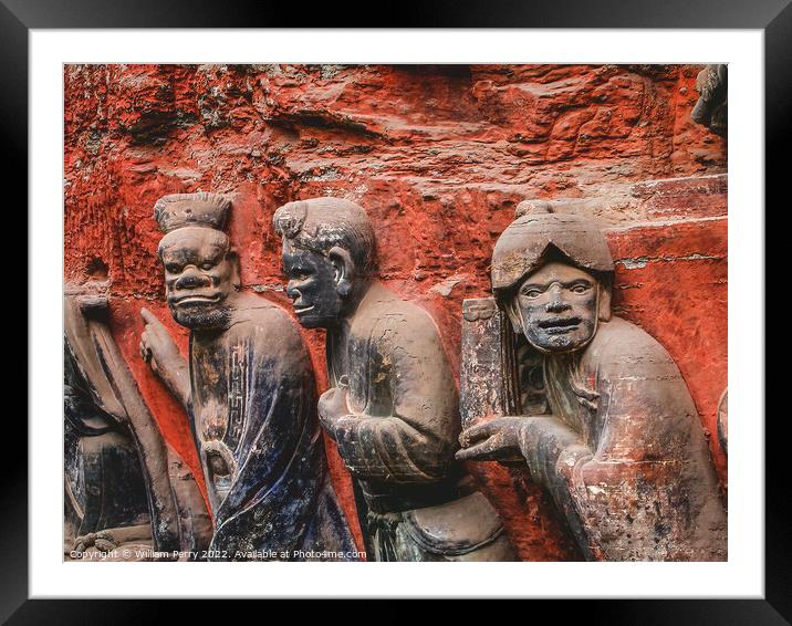 Ancient Men Rock Carvings Dazu Sichuan China Framed Mounted Print by William Perry