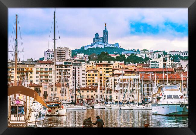 Tourists Yachts Boats Waterfront Reflection Church Marseille Fra Framed Print by William Perry