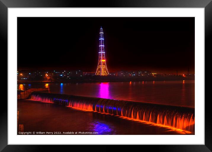 Radio Tower Night Waterfall Fushun City Liaoning China Framed Mounted Print by William Perry