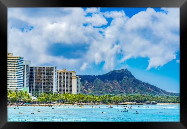 Colorful Waikiki Beach Surfers Swimmers Diamond Head Honolulu Ha Framed Print by William Perry