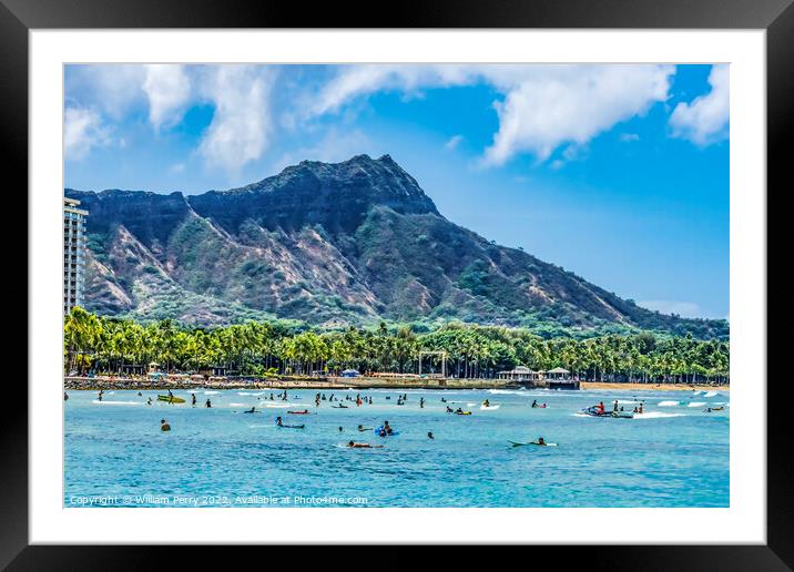 Colorful Waikiki Beach Diamond Head Honolulu Hawaii Framed Mounted Print by William Perry