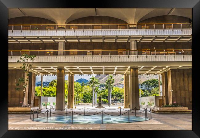 Open Air Atrium State Capitol Building Legislature Honolulu Hawa Framed Print by William Perry