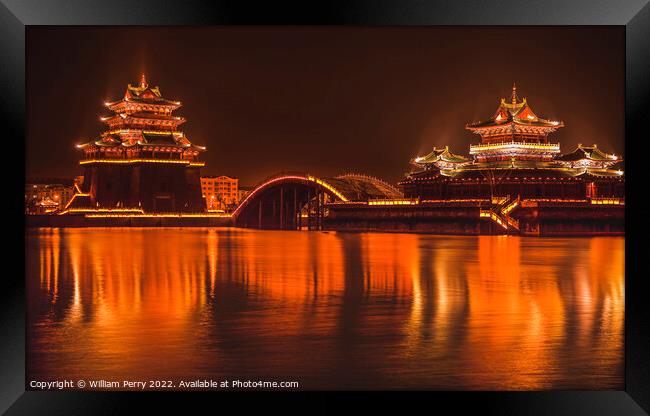 Ancient Temple Night Reflection Jinming Lake Kaifeng China Framed Print by William Perry