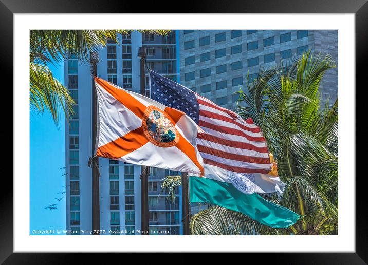 Florida US Flags Plam Trees Buildings Miami Florida Framed Mounted Print by William Perry