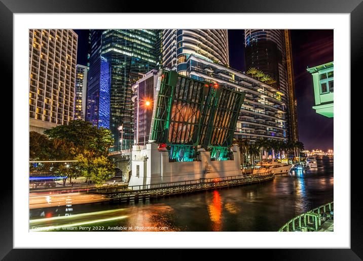 Miami River Brickell Avenue Bridge Night Florida Framed Mounted Print by William Perry