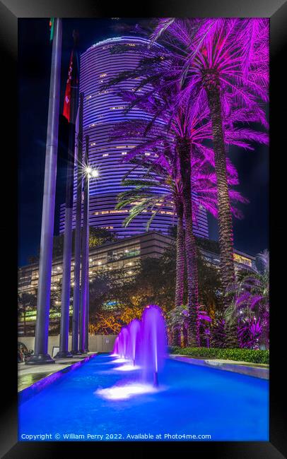 Blue Fountain Night Purple Buildings High Rises Miami Florida Framed Print by William Perry