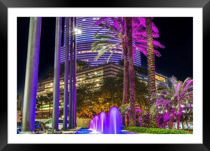 Blue Fountain Night Purple Buildings High Rises  Downtown Miami  Framed Mounted Print by William Perry