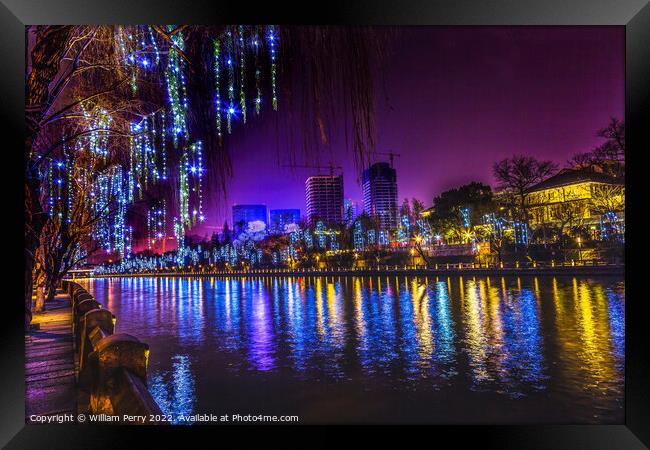 Colorful Grand Canal Buildings NIght Reflection Hangzhou Zhejian Framed Print by William Perry