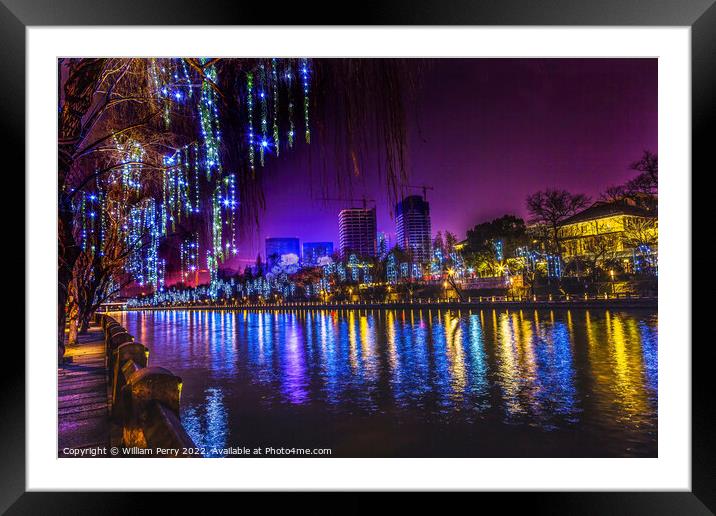 Colorful Grand Canal Buildings NIght Reflection Hangzhou Zhejian Framed Mounted Print by William Perry