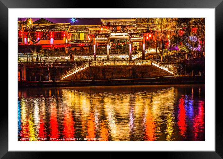 Chinese Gate Grand Canal Illuminated NIght Reflection Hangzhou Z Framed Mounted Print by William Perry