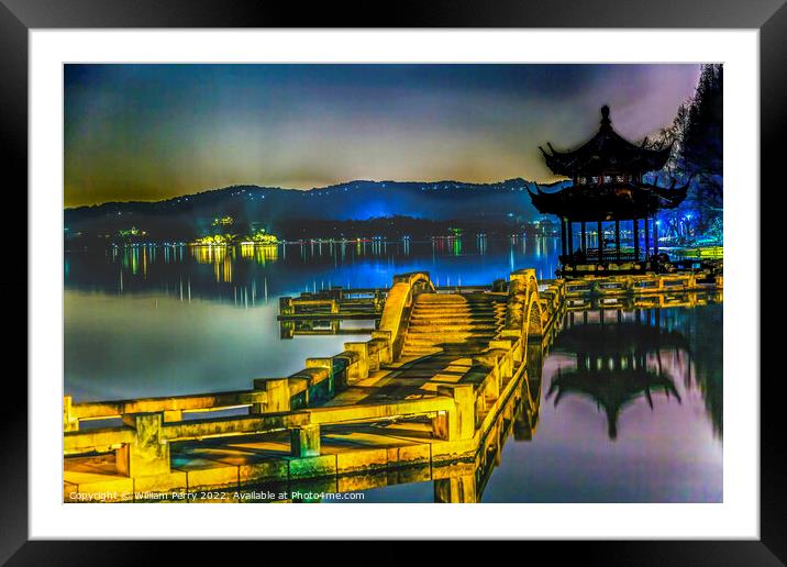 Old Chinese Pagoda West Lake Reflection Hangzhou Zhejiang China Framed Mounted Print by William Perry