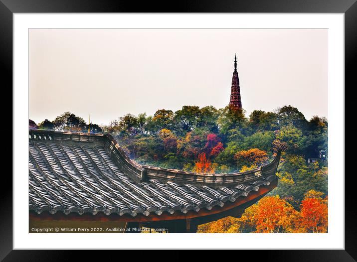 Ancient Tiled Roof Baochu Pagoda West Lake Hangzhou Zhejiang Chi Framed Mounted Print by William Perry