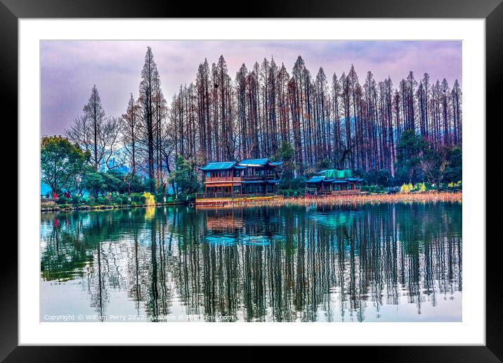 Old Chinese Pavilion Trees West Lake Hangzhou China Framed Mounted Print by William Perry