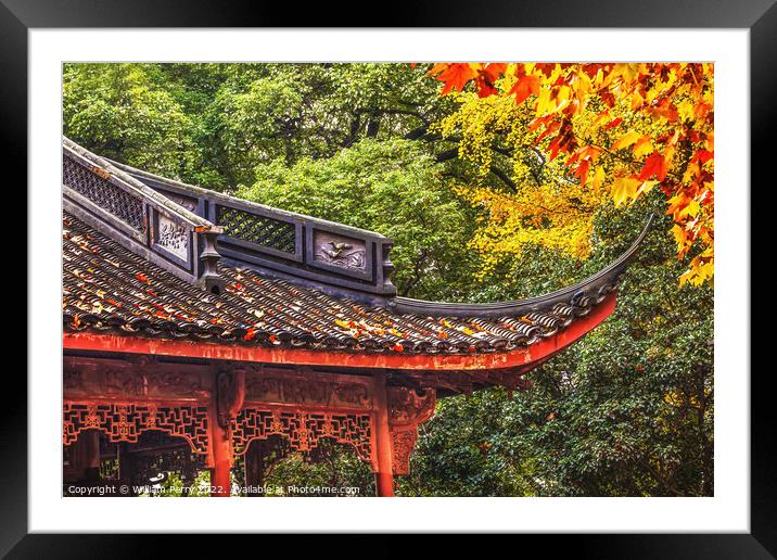 Ancient Chinese Roof Autumn Leaves West Lake Hangzhou China Framed Mounted Print by William Perry